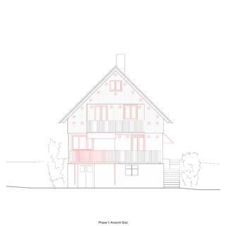 Architektonische Aufrisszeichnung eines dreistöckigen Hauses mit Satteldach, Balkonen und sichtbarer Tür- und Fensteranordnung; beschriftet mit „Phase 1: Ansicht Süd“.
