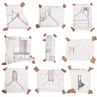 Neun handgezeichnete Architekturskizzen auf einzelnen Blättern Papier, jeweils an den Ecken festgeklebt, angeordnet in einem 3x3-Raster.