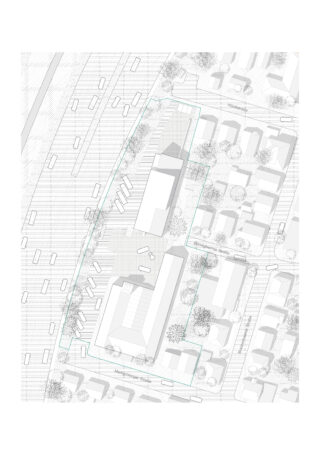Luftaufnahme eines architektonischen Lageplans mit Gebäuden, Straßen, Bäumen und Parkflächen mit umrissenen Grundstücksgrenzen auf einem Wohnblock.