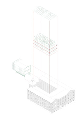 Axonometrische Architekturzeichnung, die ein mehrstöckiges Gebäude mit in roten und grünen Linien umrissenen oberen Strukturen und angrenzenden Anbauten über einer Basisstruktur zeigt.
