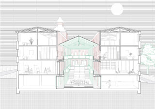 Querschnittszeichnung eines mehrstöckigen Gebäudes mit sichtbaren Innenräumen, Treppen, Personen und äußeren Landschaftselementen.