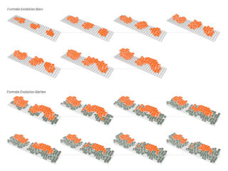 Diagramm, das die schrittweise formale Entwicklung von Formen auf einem Raster zeigt, oben mit „Büro“ und unten mit „Garten“ mit zusätzlichen grünen Elementen beschriftet.