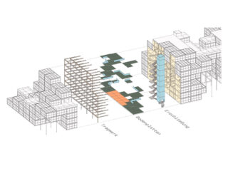 Axonometrisches Diagramm eines Gebäudes mit Tragwerk, Bodenplatten und umschlossenem Volumen, auf Deutsch als Tragewerk, Bodenplatten und Erschließung bezeichnet.