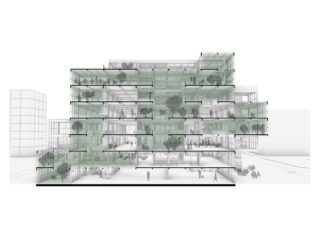 Schnittansicht eines mehrstöckigen Gebäudes mit offenen Grundrissen, sichtbaren Treppen, Grünflächen im Innenbereich und Menschen auf verschiedenen Ebenen vor einem minimalistischen städtischen Hintergrund.