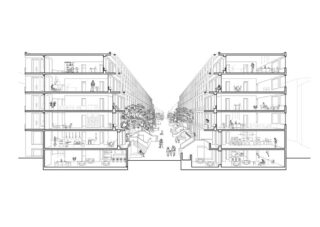 Architektonische Schnittzeichnung, die zwei mehrstöckige Gebäude mit Innenräumen, Menschen und einem zentralen Innenhof mit Bäumen und Fußgängern zeigt.