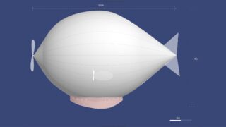 Diagramm der Seitenansicht eines weißen Luftschiffs mit einem Propeller am Heck, Stabilisierungsflossen und Maßstabsmarkierungen, die die Abmessungen 66 Meter Länge und 40 Meter Höhe zeigen.