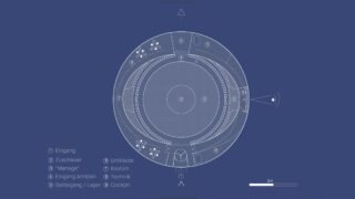 Blaupausenartiges Diagramm eines kreisförmigen Gebäudegrundrisses mit nummerierten und deutsch beschrifteten Abschnitten, darunter Eingang, Sitzplätze, Manege, Umkleideräume und technische Bereiche. Der Maßstab beträgt 5 Meter.