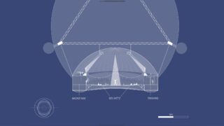 Technisches Diagramm eines kuppelförmigen Bühnenaufbaus, das Publikums-, Backstage- und Eingangsbereiche mit beschrifteten Abschnitten und Maßstabsanzeige unten rechts zeigt.