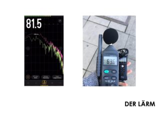 Ein Schallpegelmesser zeigt 63,6 dB an, während auf dem Bildschirm eines Telefons eine Geräuschmess-App mit 81,5 dB angezeigt wird. Beide werden zum Messen von Umgebungsgeräuschen verwendet.
