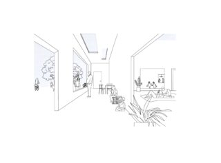 Strichzeichnung von Menschen, die innerhalb und außerhalb eines modernen Gebäudes mit großen Fenstern und offenen Flächen verschiedenen Aktivitäten nachgehen.