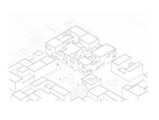 Isometrische Architekturzeichnung eines Blocks miteinander verbundener rechteckiger Gebäude mit Fenstern, umgeben von anderen vereinfachten Gebäudeumrissen und kleinen Figuren.