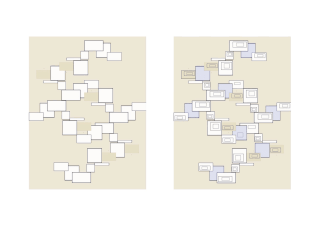 Zwei Felder zeigen überlappende Rechtecke unterschiedlicher Größe, die vertikal auf einem beigen Hintergrund angeordnet sind, während das rechte Feld farbigere und dichter gepackte Rechtecke aufweist.