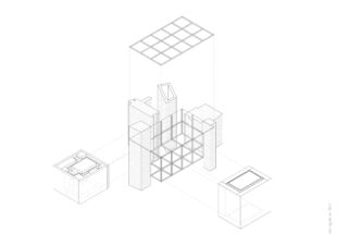 Axonometrisches Architekturdiagramm, das eine Explosionsansicht eines Gebäudes mit Raster, Kern und drei separaten Strukturkomponenten zeigt.