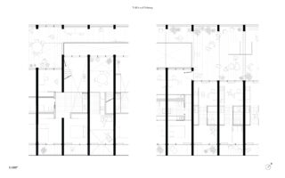 Zwei detaillierte architektonische Grundrisse mit Möbelanordnungen, markanten Stützen und verschiedenen Innenbereichen, nebeneinander dargestellt und im Maßstab 1:100 beschriftet.