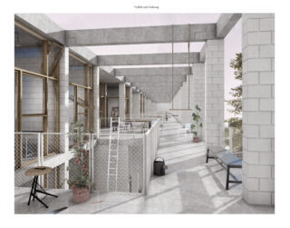 Ein moderner, offener Flur mit Betonbalken, weißen Ziegelwänden, großen Fenstern, Topfpflanzen, einer Bank, einem kleinen Tisch und einer Gießkanne auf dem Boden.