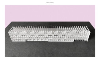 Ein rechteckiges Architekturmodell mit gitterartiger Struktur und vertikalen Lamellen, platziert auf einer dunklen Oberfläche mit rosa Hintergrund.