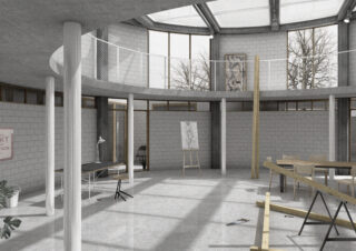 Geräumiger, teilweise möblierter Raum mit grauen Ziegelwänden, hoher Decke, großen Fenstern und verstreuten Baumaterialien und Möbeln. Eine Staffelei und ein Schreibtisch sind sichtbar.