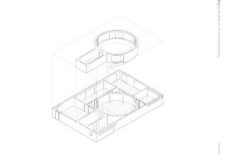 Axonometrische Zeichnung eines Gebäudes mit einem explodierten kreisförmigen Dachelement über einem rechteckigen Sockel, der in mehrere Räume unterteilt ist.