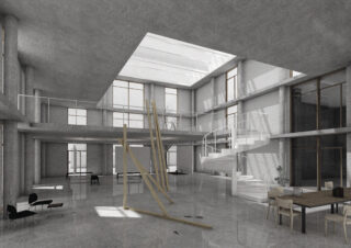 Geräumiges, modernes Interieur mit Betonwänden, großen Fenstern, einem Oberlicht, einer Wendeltreppe, verstreuten Möbeln und aufrecht stehenden, unbearbeiteten Holzbalken.