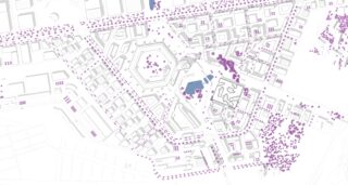 Eine Karte mit umrissenen Gebäuden und Straßen, auf der Ansammlungen von rosa und violetten Punkten über das gesamte Gebiet verteilt sind.