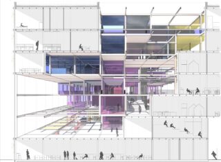 Architektonische Schnittzeichnung eines mehrstöckigen Gebäudes mit offenen Räumen, bunten Glaswänden, sichtbaren Böden und Silhouetten von Menschen, die verschiedenen Aktivitäten nachgehen.