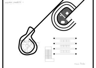 Schwarz-weißer architektonischer Lageplan mit zwei geschwungenen Strukturen, rechteckigen Elementen, Wegen und der Beschriftung „Vorhandener Beton“ und „Francis Prolía“.