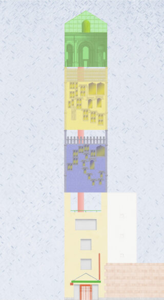 Ein hohes, rechteckiges Gebäude, das in fünf farbenfrohe Abschnitte unterteilt ist, jeder mit unterschiedlichen architektonischen Merkmalen und Mustern vor einem strukturierten Hintergrund.