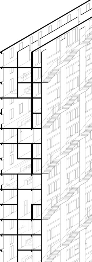 Architektonische Querschnittszeichnung eines mehrstöckigen Wohngebäudes, die Räume, Treppen, Fenster und strukturelle Details in schwarz-weißen Linien zeigt.