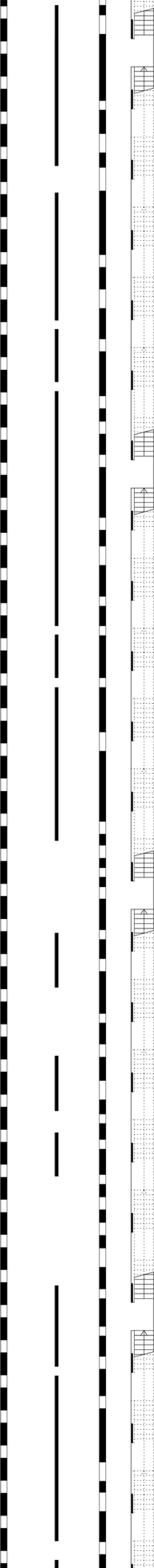 Fünf vertikale Spalten mit unterschiedlichen Mustern aus schwarzen und weißen horizontalen Streifen, einige Abschnitte erscheinen gruppiert oder segmentiert und stehen vor einem weißen Hintergrund.