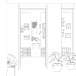Strichzeichnung eines modernen Interieurs mit Topfpflanzen, Bücherregalen, gerahmten Bildern an den Wänden und einem Tisch mit Stühlen in einem dahinterliegenden Raum.