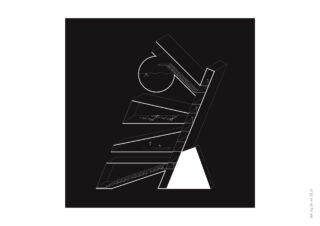 Eine geometrische, abstrakte architektonische Struktur mit geschichteten Plattformen und einer Kugel, weiß umrandet auf schwarzem Hintergrund.