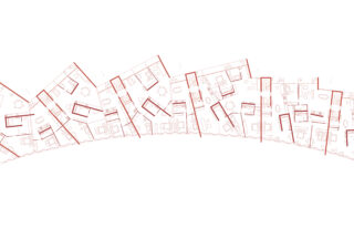 Rot umrandete architektonische Grundrisse mehrerer nebeneinander liegender Wohnungen, die entlang einer geschwungenen Linie angeordnet sind und jeweils die Raumaufteilung und Möbelanordnung im Inneren zeigen.