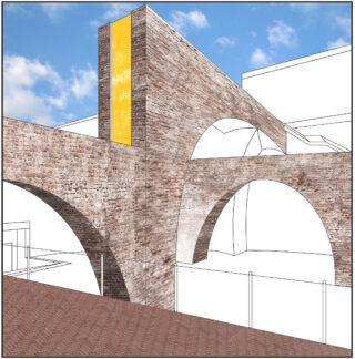 Digitale Illustration einer architektonischen Struktur mit strukturierten Ziegelbögen, teilweisem gelben Akzent und unvollendeten, skizzenartigen Umrissen vor einem blauen Himmel mit Wolken.