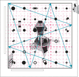 Abstraktes Diagramm mit schwarzen Kreisen, blauen Linien, die Dreiecke bilden, roten Gittermustern und geometrischen Formen, die über einen quadratischen Hintergrund verteilt sind.