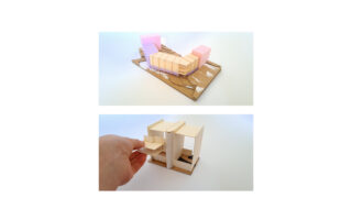 Zwei Bilder von Architekturmodellen: Das obere zeigt eine segmentierte, L-förmige Struktur mit rosa und beigen Blöcken; das untere zeigt eine Hand, die eine Komponente in ein kastenförmiges Modell einfügt.