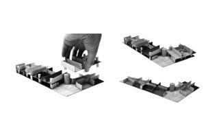 Eine Hand ordnet modulare Komponenten auf einem architektonischen Grundrissmodell neu an, das neben zwei alternativen Konfigurationen desselben Modells angezeigt wird.