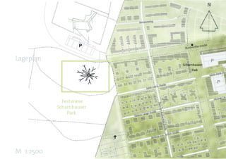 Karte der Festwiese Scharnhauser mit markiertem Veranstaltungsbereich, angrenzenden Straßen, Parkplätzen und umliegenden Gebäuden. Nordrichtung oben rechts. Maßstab 1:2500.