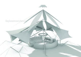Architektonische Darstellung eines kreisförmigen Amphitheaters mit teilweise explodierten zeltartigen Überdachungsstrukturen und geometrischen Stoffbahnen; beschriftet mit „Explosionszeichnung“.