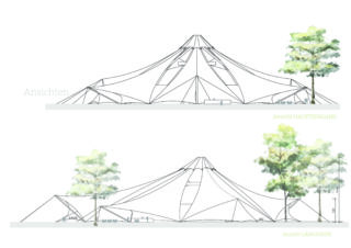 Architektonische Aufrisszeichnungen einer großen zeltartigen Struktur mit eckigen Linien, dargestellt mit Bäumen und kleinen menschlichen Figuren als Maßstab. Zwei Ansichten: Vordereingang und Seitenansicht.