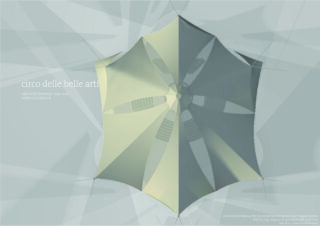 Eine geometrische, schirmartige Struktur von oben betrachtet mit dem Text „circo delle belle arti“ und Projektdetails auf der linken Seite vor einem hellen abstrakten Hintergrund.
