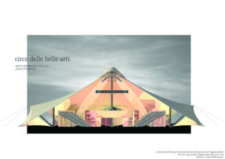 Digitale Darstellung einer Zirkuszeltstruktur mit geometrischen Mustern, Sitzgelegenheiten im Freien und der Aufschrift „Circo delle Belle Arti“ vor dem Hintergrund eines bewölkten Himmels.