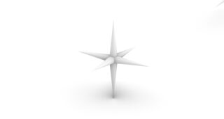 In der Mitte befindet sich eine weiße, dreidimensionale, achtzackige Sternform auf einem schlichten weißen Hintergrund.