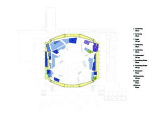 Architektonischer Grundriss mit Räumen in Blau- und Lilatönen, umgeben von einem gelben Rand; die nummerierte Legende auf der rechten Seite beschriftet verschiedene Bereiche und Funktionen.