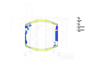 Architektonischer Grundriss mit hervorgehobenen Abschnitten in Gelb, Blau und Grün, die verschiedene Bereiche zeigen, und einer nummerierten Legende auf der rechten Seite.