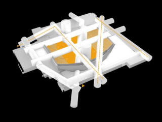 Ein 3D-Architekturmodell zeigt weiße Strukturelemente mit orange hervorgehobenen Bereichen und gestrichelten Linien auf schwarzem Hintergrund.