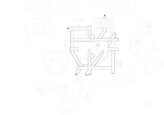 Schwarzweißer architektonischer Lageplan mit verschiedenen geometrischen Strukturen, Linien und Strichmännchenzeichnungen, die im zentralen Bereich verstreut sind.