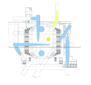 Architektonischer Grundriss, überlagert mit abstrakten blauen Formen und zwei gelben Punkten, der einen zentralen achteckigen Raum und umgebende Strukturen zeigt.