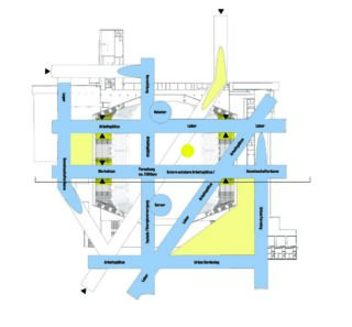 Ein Gebäudegrundriss mit blauen Wegen, gelb hervorgehobenen Bereichen, beschrifteten Räumen und einem zentralen gelben Kreis.