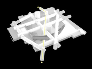 3D-Architekturmodell mit sich kreuzenden weißen zylindrischen Balken und einem hervorgehobenen gelben Pfad, angezeigt auf einem schwarzen Hintergrund.