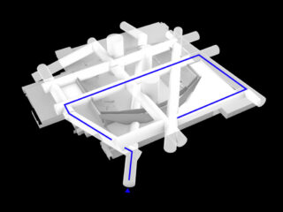 3D-Architekturmodell mit sich kreuzenden zylindrischen Strukturen und einem blau umrandeten Pfad, der eine Route um den Umfang herum nachzeichnet.